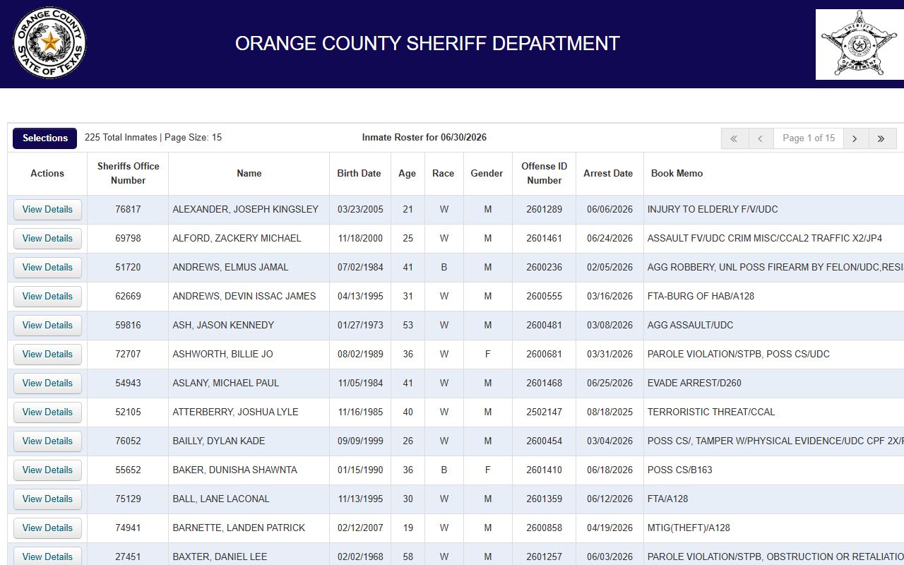 Orange County inmate records jail roster search table